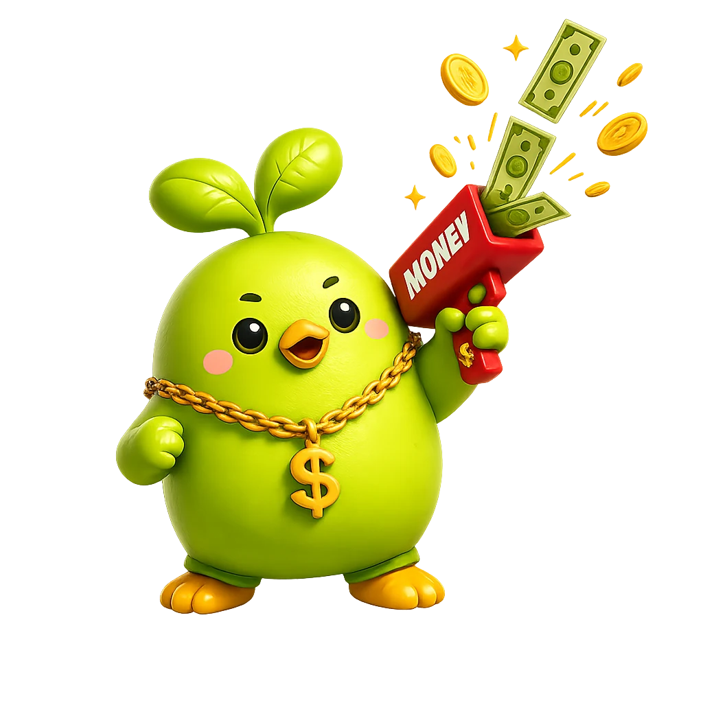 Sprout celebrating with a money gun